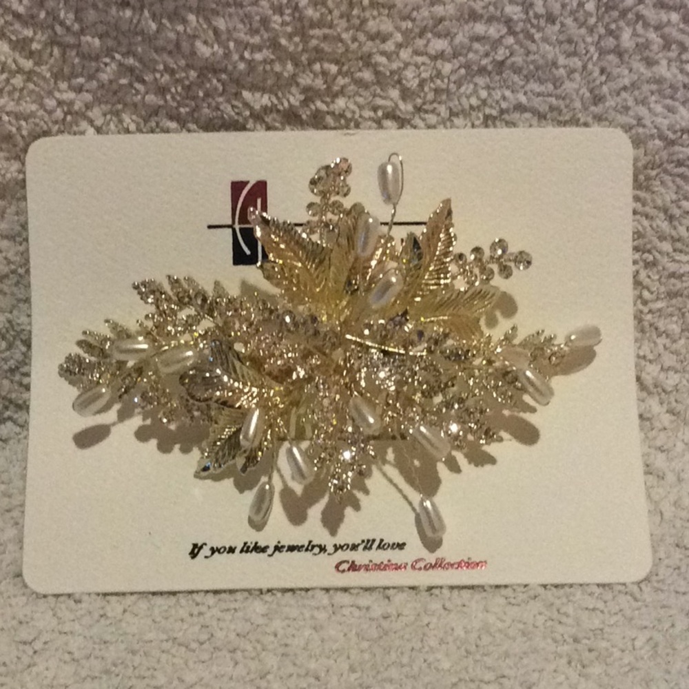Hair Brooch Gold Leaf with Pearl and Rhinestones